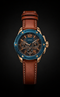 Guess Renegade Chronograph Rose Gold Tone with Blue Bezel and Brown Leather Strap Original