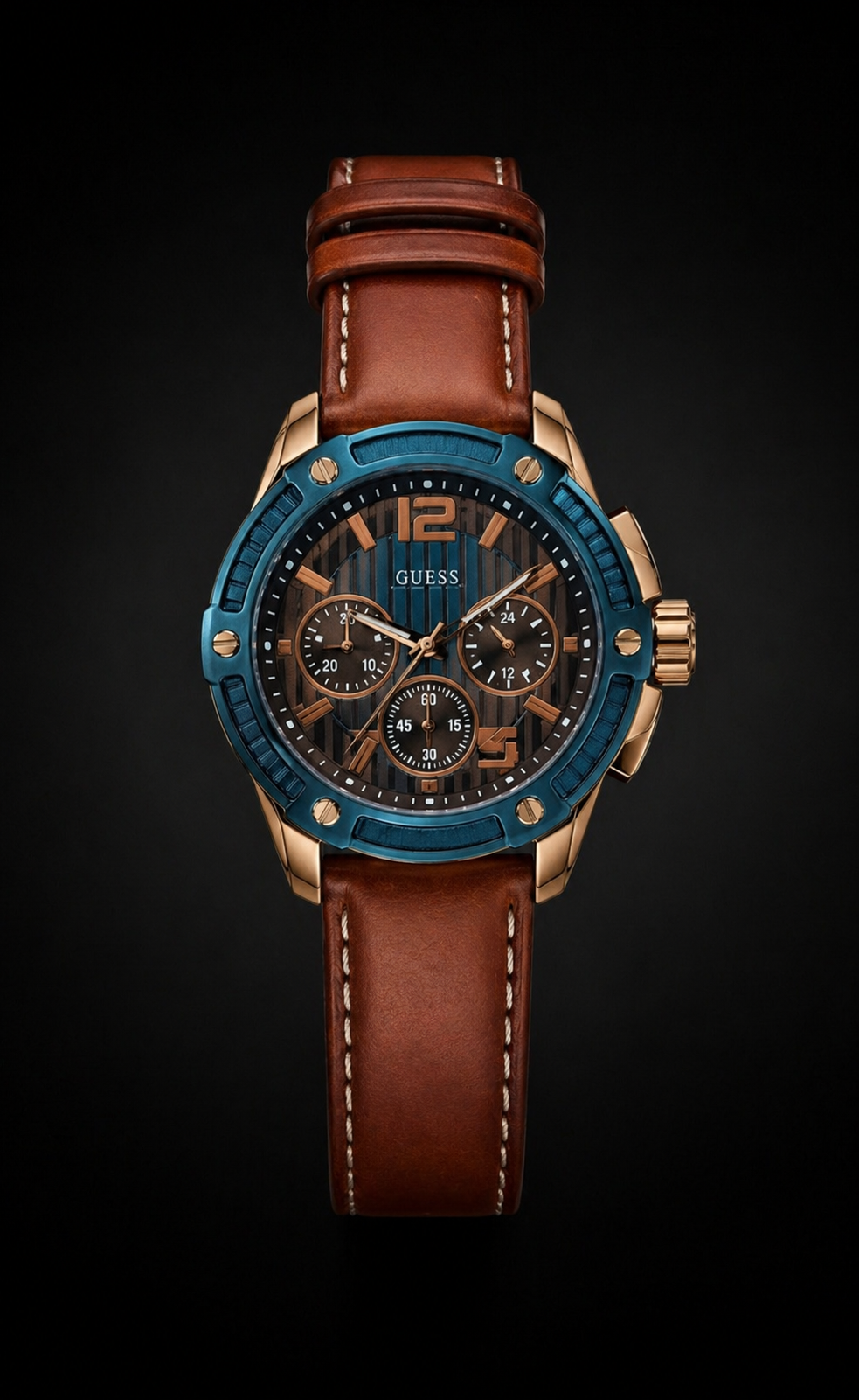 Guess Renegade Chronograph Rose Gold Tone with Blue Bezel and Brown Leather Strap Original