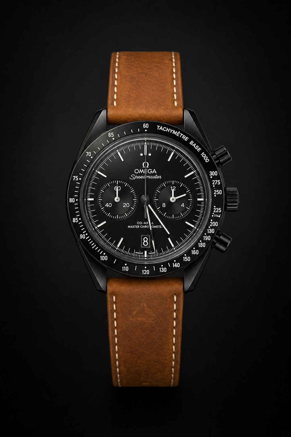 Omega Speedmaster Master Chronometer Black DLC with Brown Leather Strap