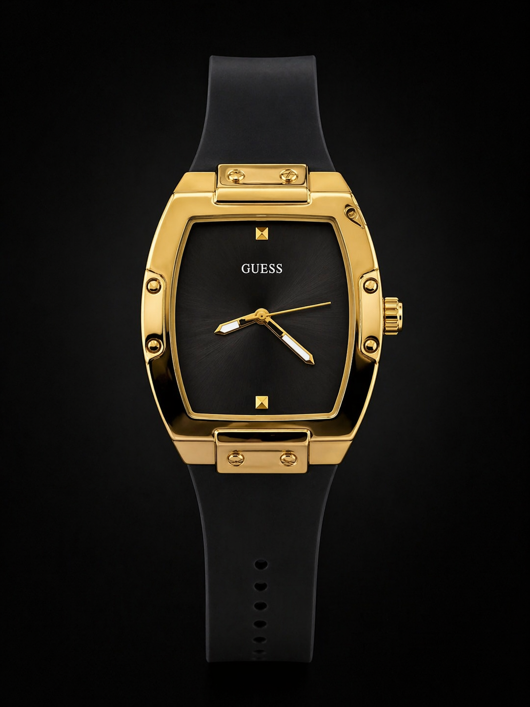 Guess Phoenix Gold Tone Tonneau Watch with Black Silicone Strap Original