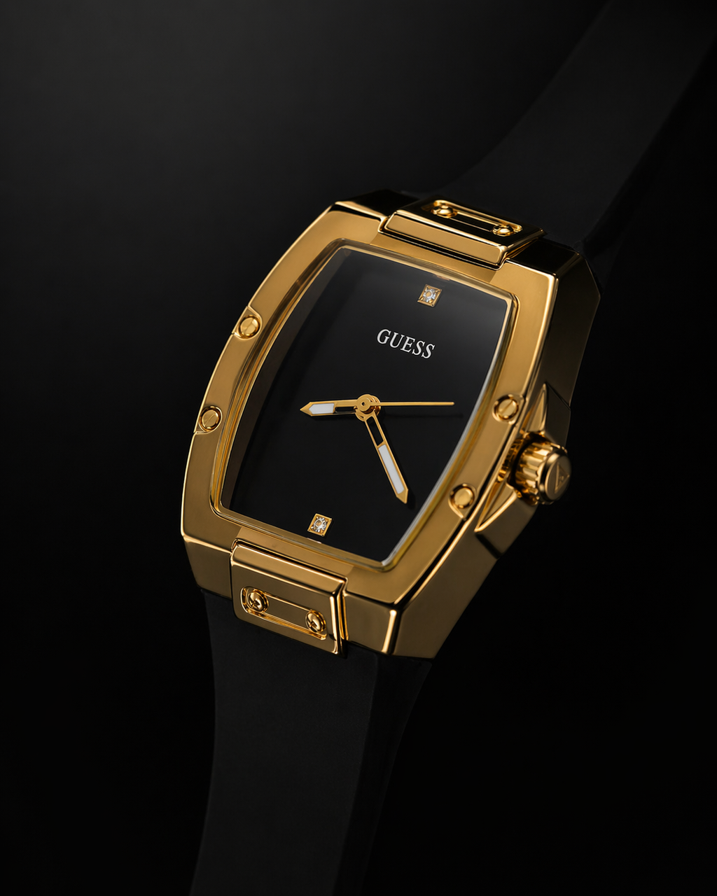 Guess Phoenix Gold Tone Tonneau Watch with Black Silicone Strap Original