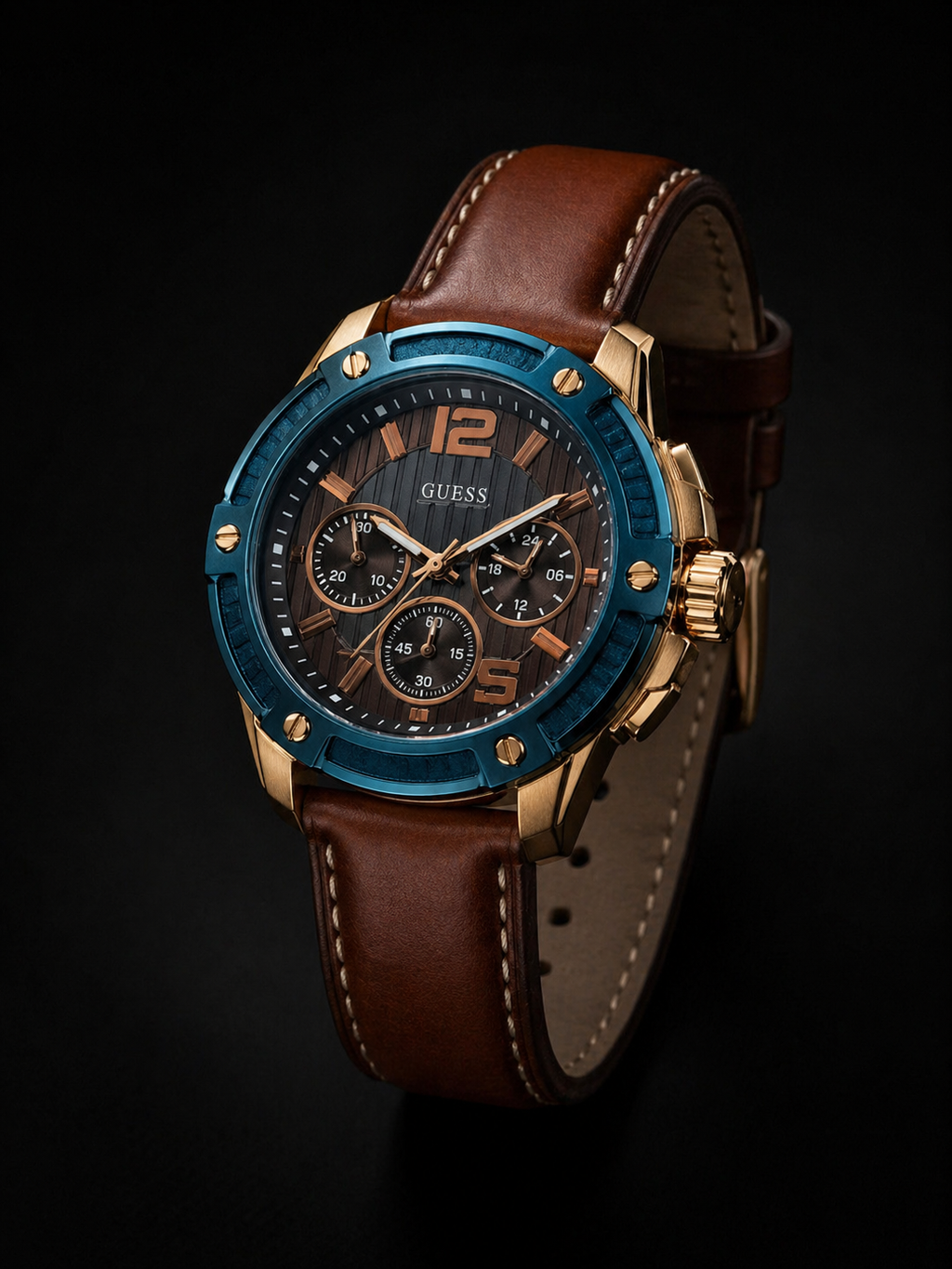 Guess Renegade Chronograph Rose Gold Tone with Blue Bezel and Brown Leather Strap Original