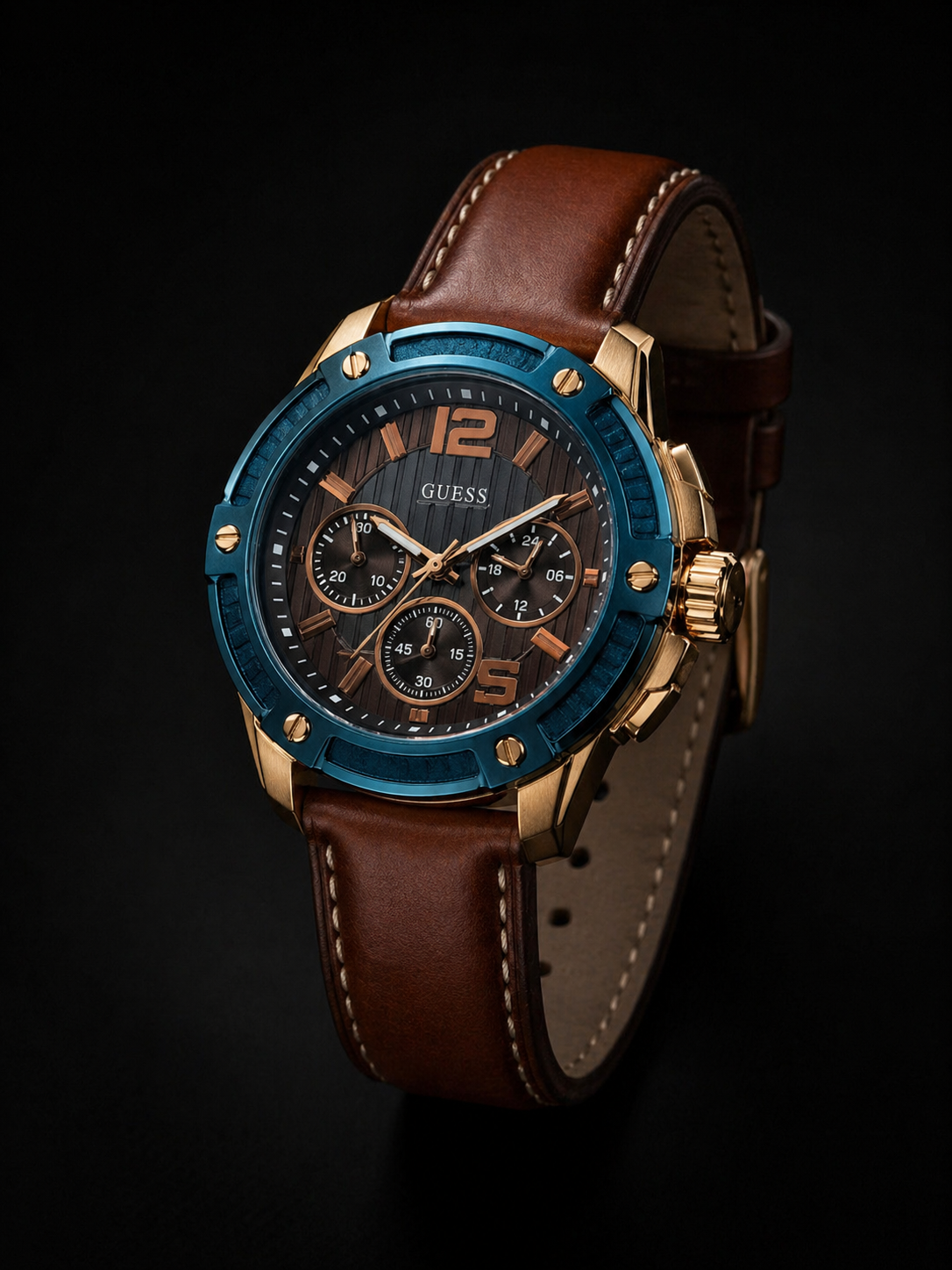 Guess Renegade Chronograph Rose Gold Tone with Blue Bezel and Brown Leather Strap Original
