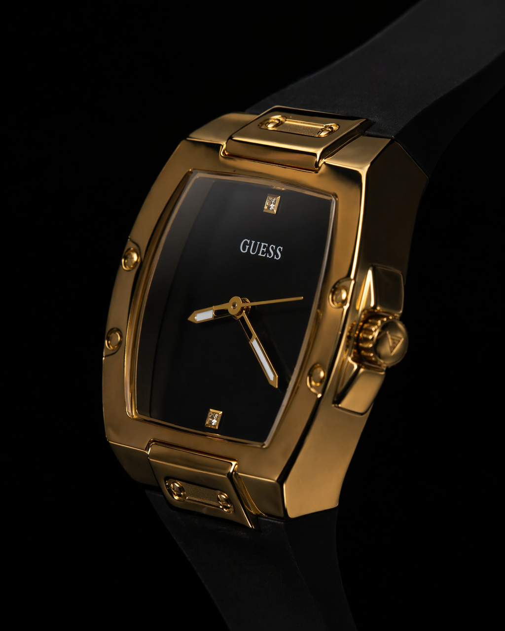 Guess Phoenix Gold Tone Tonneau Watch with Black Silicone Strap Original