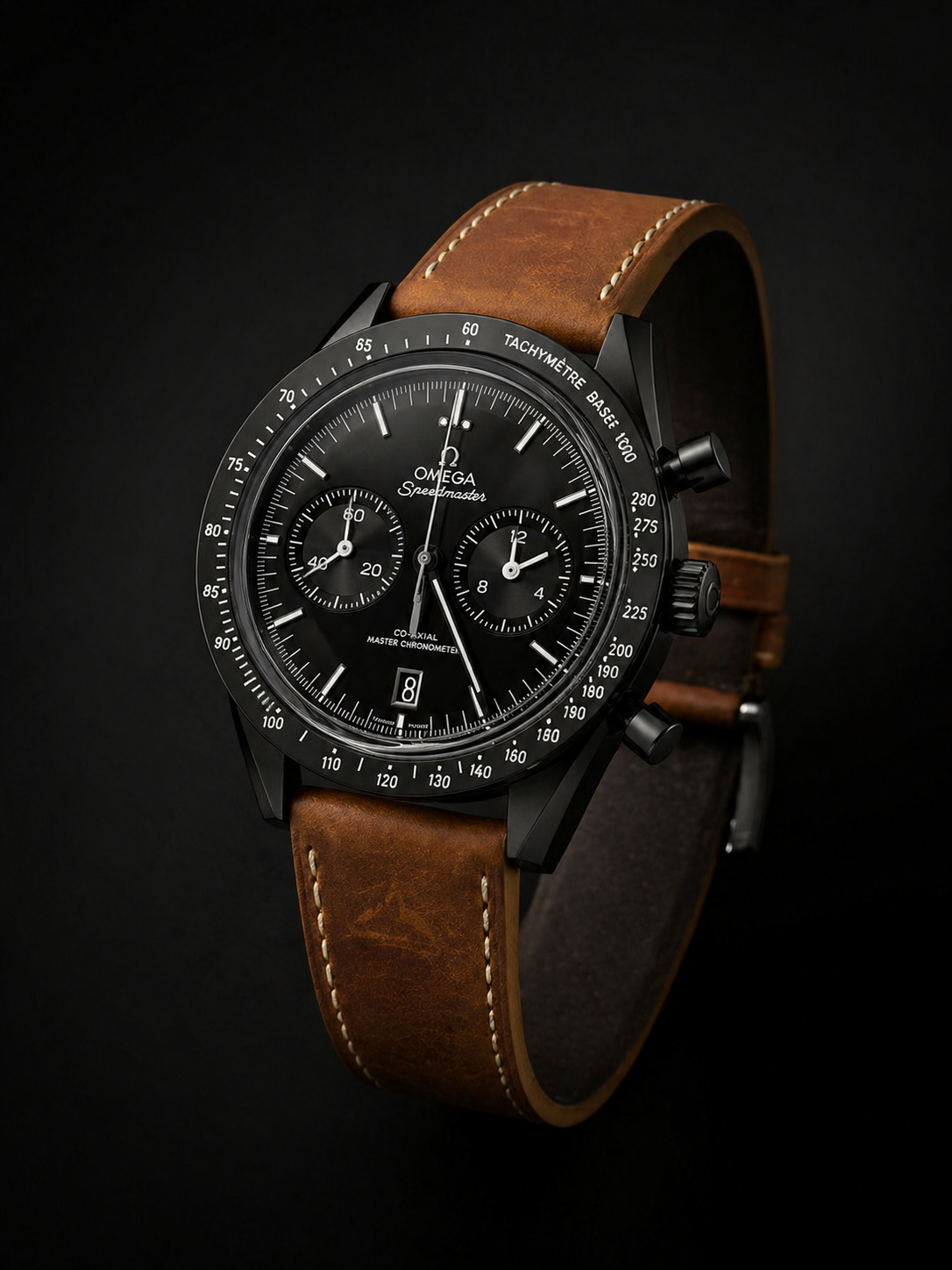 Omega Speedmaster Master Chronometer Black DLC with Brown Leather Strap