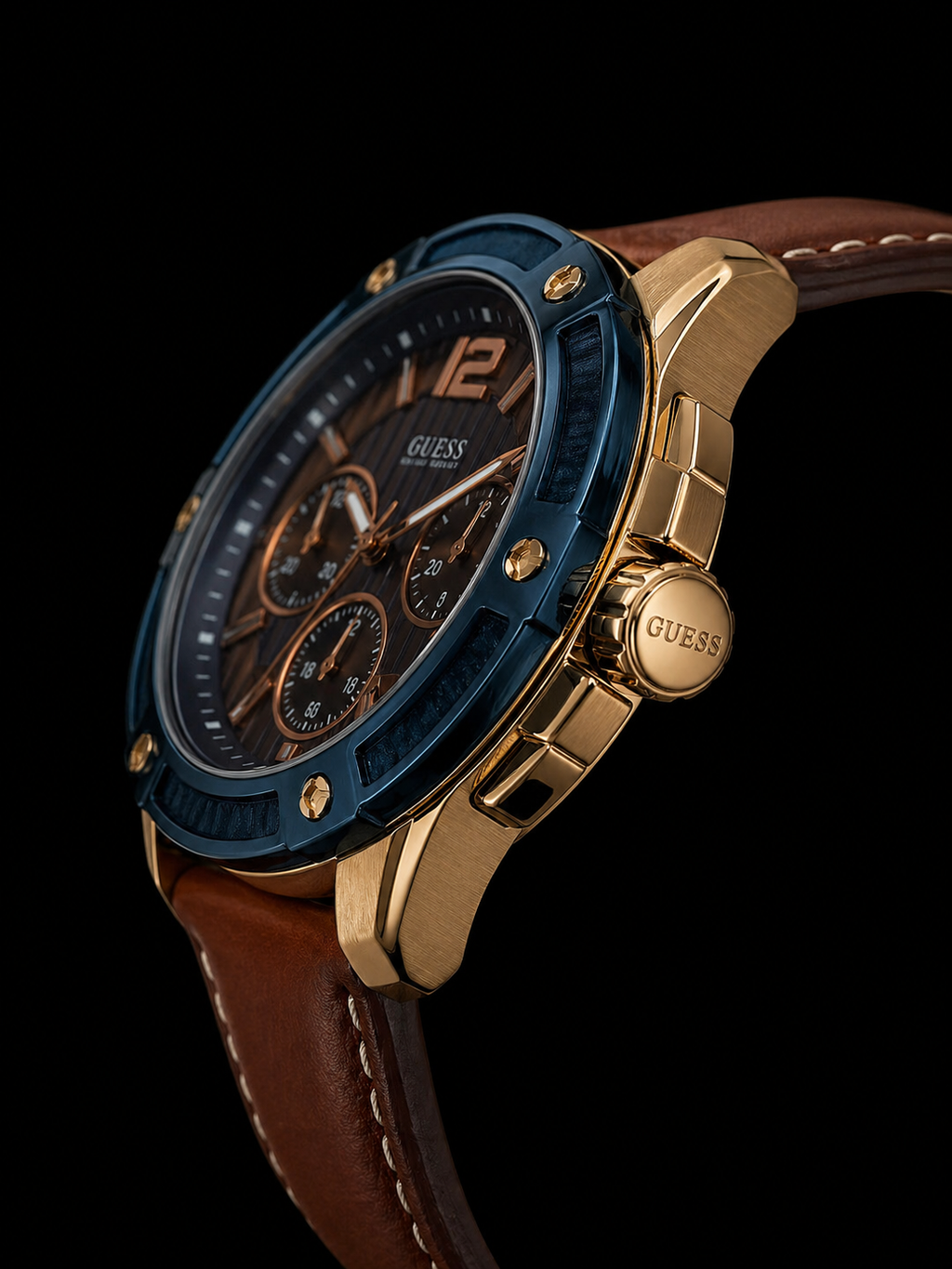 Guess Renegade Chronograph Rose Gold Tone with Blue Bezel and Brown Leather Strap Original