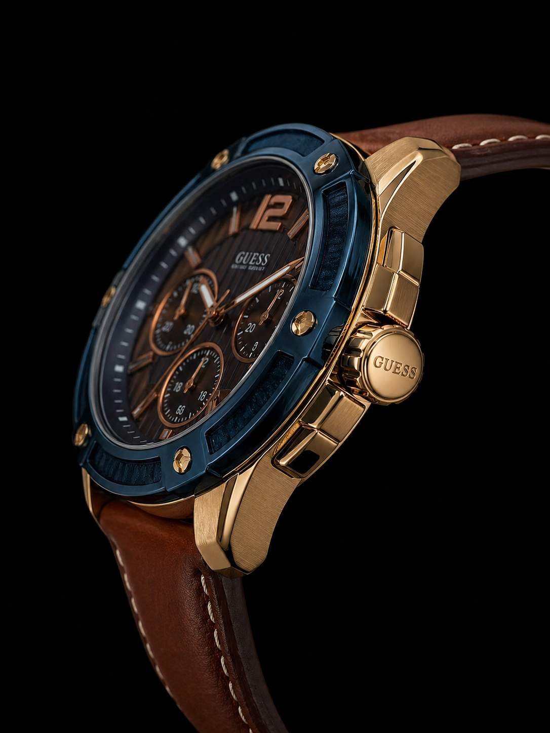 Guess Renegade Chronograph Rose Gold Tone with Blue Bezel and Brown Leather Strap Original