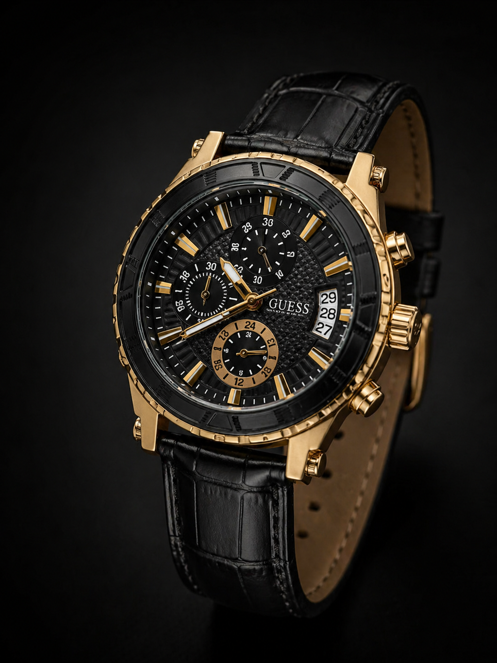 Guess Fleet Chronograph Gold-Tone with Black Textured Dial and Leather Strap Original