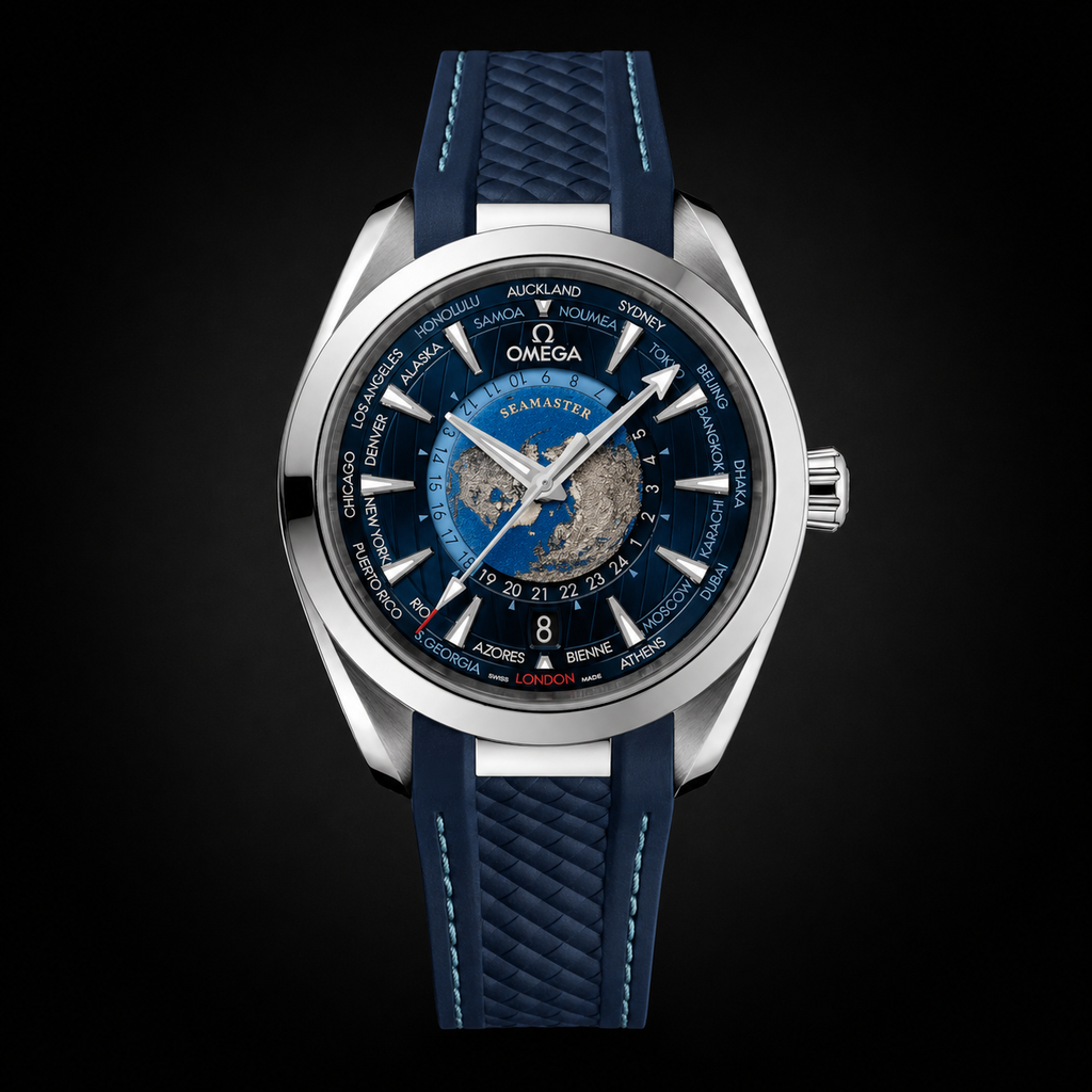 Omega Seamaster Aqua Terra Worldtimer Blue Dial on Blue Rubber Strap