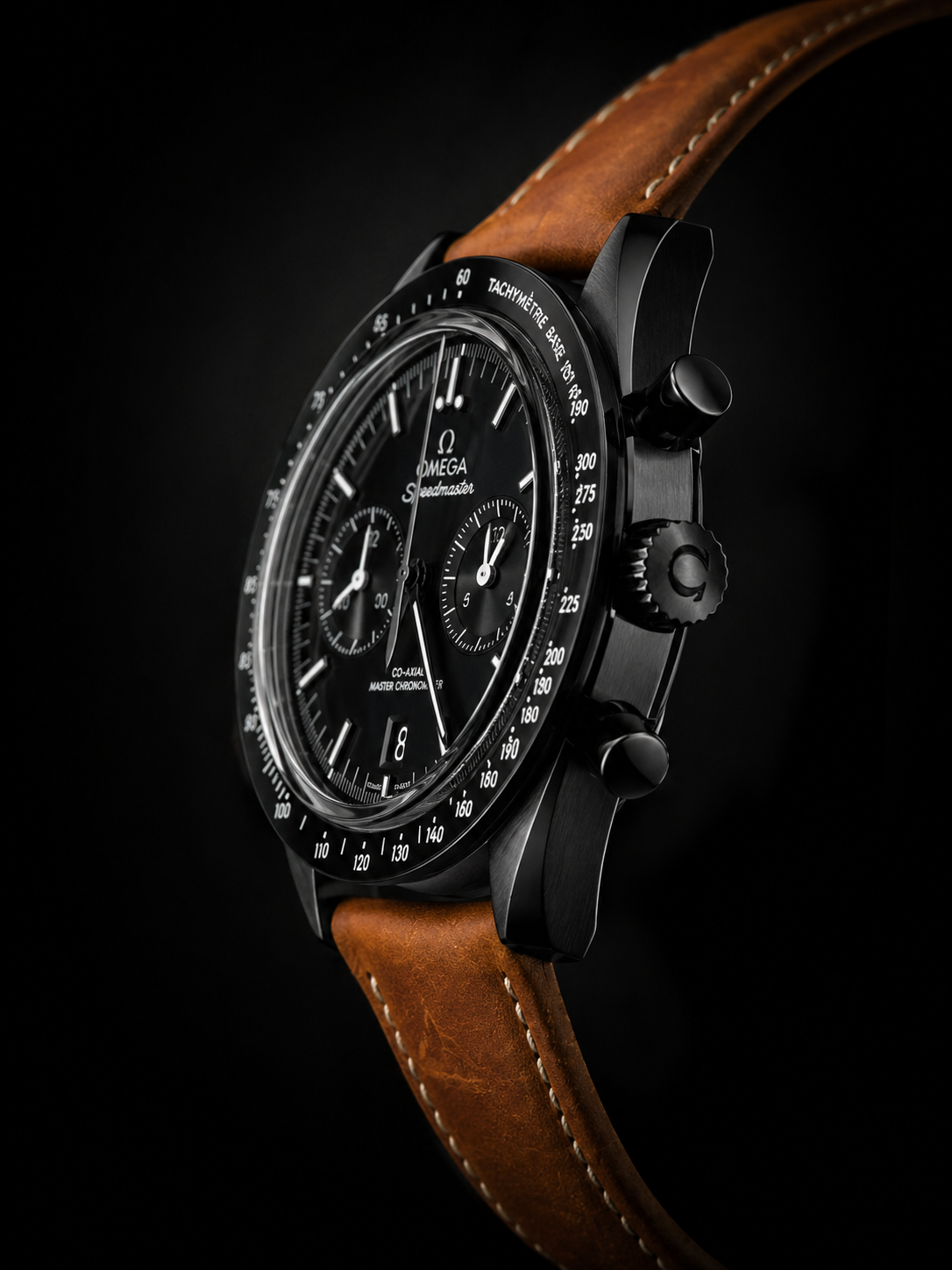 Omega Speedmaster Master Chronometer Black DLC with Brown Leather Strap