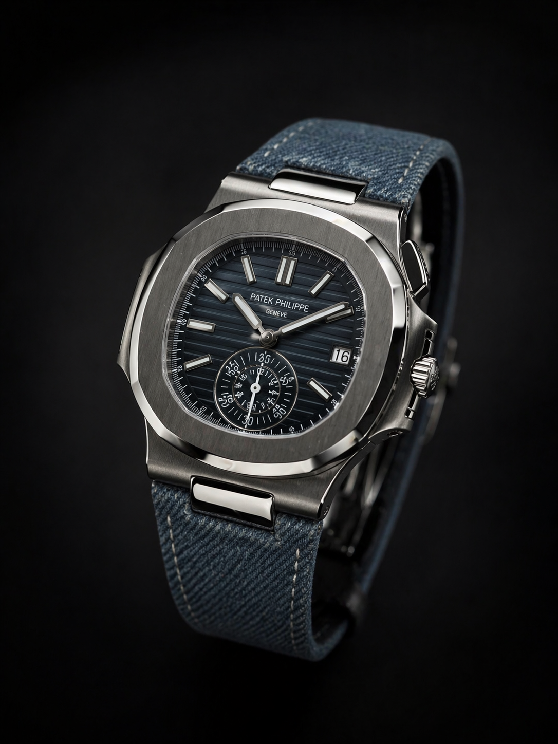 Patek Philippe Nautilus White Gold with Blue Dial and Denim Patterned Strap
