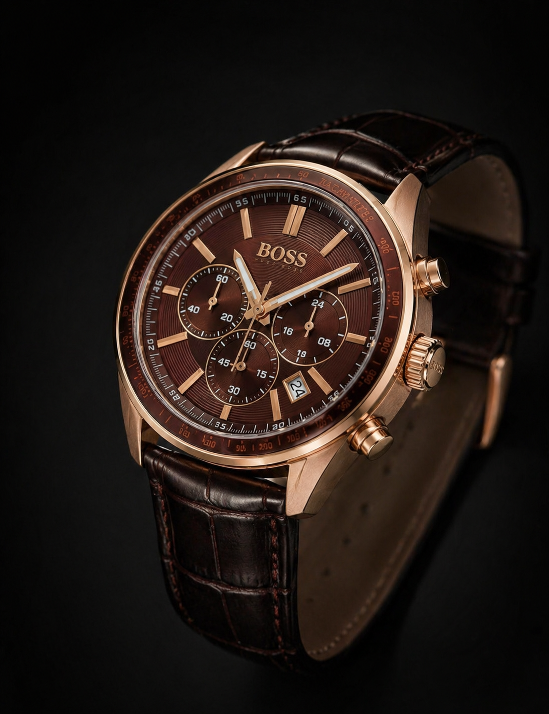 Hugo Boss Grand Prix Chronograph Rose Gold Tone with Brown Dial and Leather Strap Original