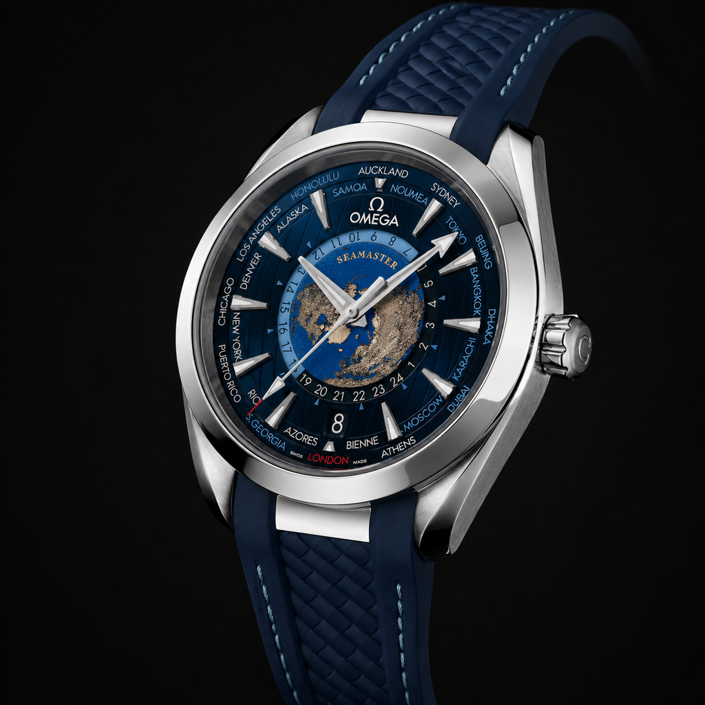 Omega Seamaster Aqua Terra Worldtimer Blue Dial on Blue Rubber Strap
