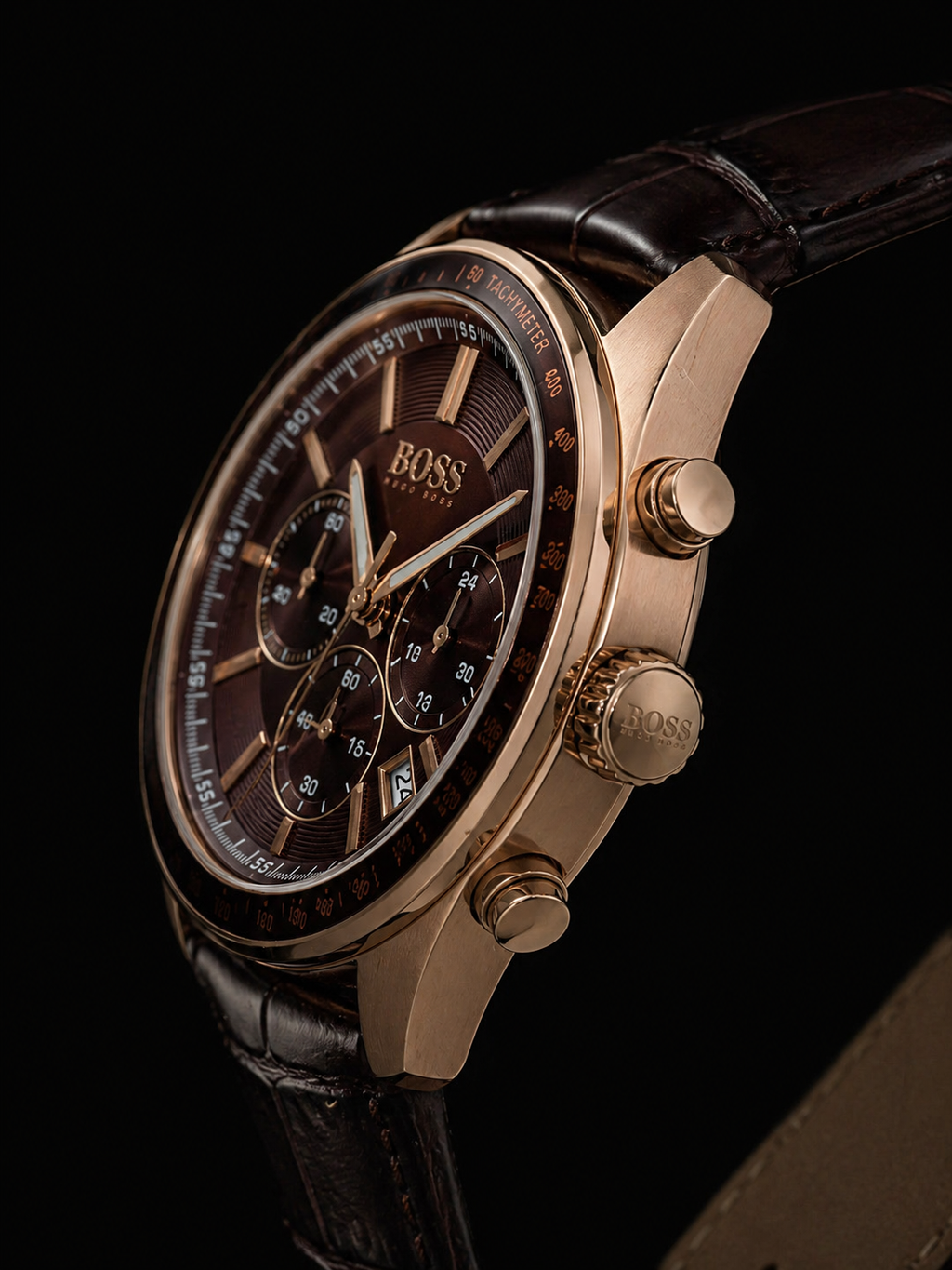 Hugo Boss Grand Prix Chronograph Rose Gold Tone with Brown Dial and Leather Strap Original