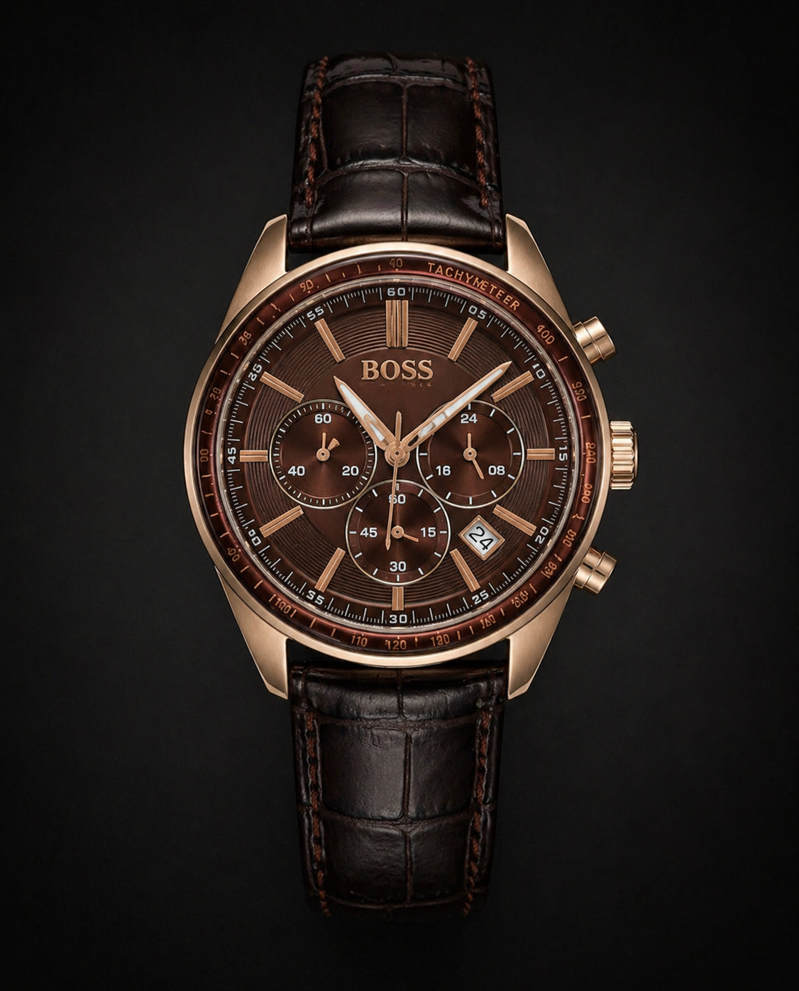 Hugo Boss Grand Prix Chronograph Rose Gold Tone with Brown Dial and Leather Strap Original