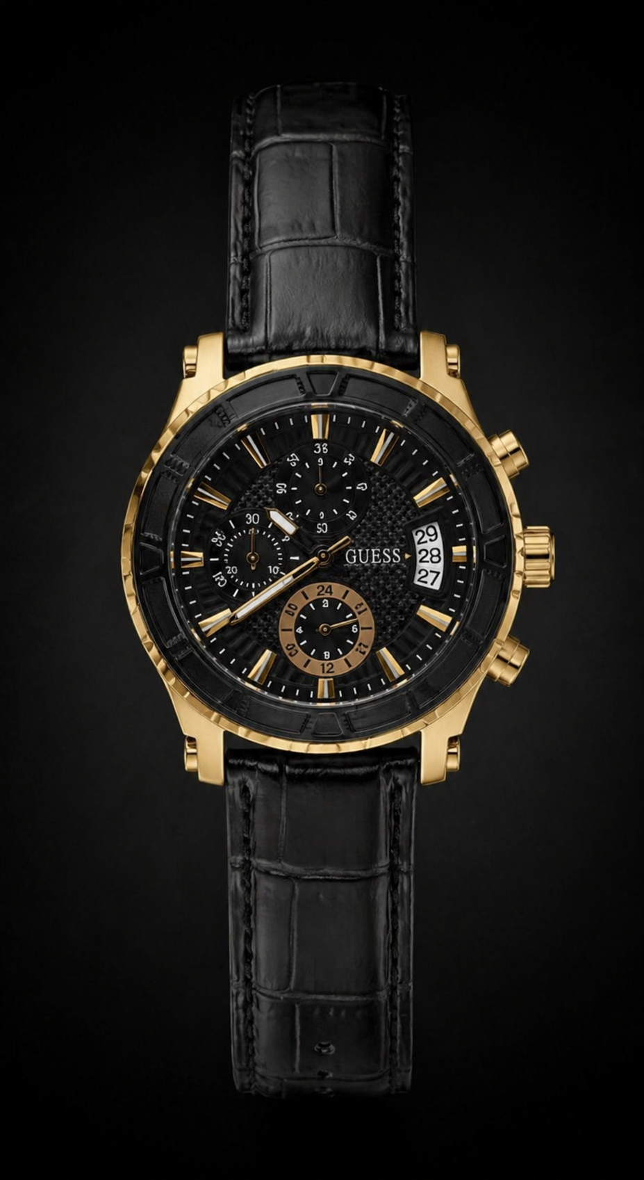 Guess Fleet Chronograph Gold-Tone with Black Textured Dial and Leather Strap Original